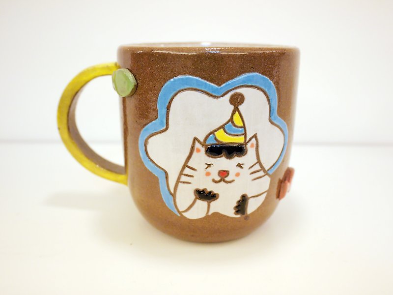 猫✖黄色のハンドルカップ - マグカップ - 陶器 