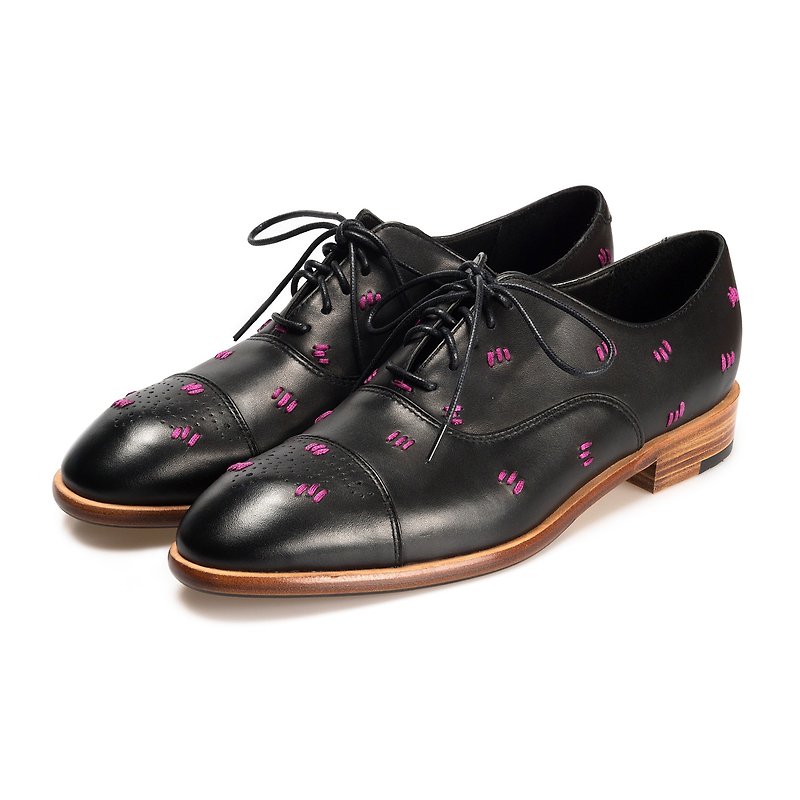 Oxford leather Shoes Polka Stitch  M1182 BlackPurple - รองเท้าอ็อกฟอร์ดผู้ชาย - หนังแท้ สีดำ