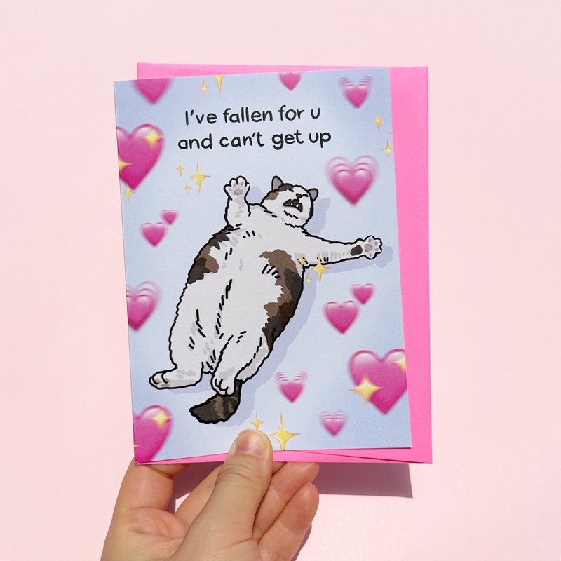 Greeting Card - Ive Fallen For U and Cant Get Up cute anniversary love cat card - 卡片/明信片 - 紙 