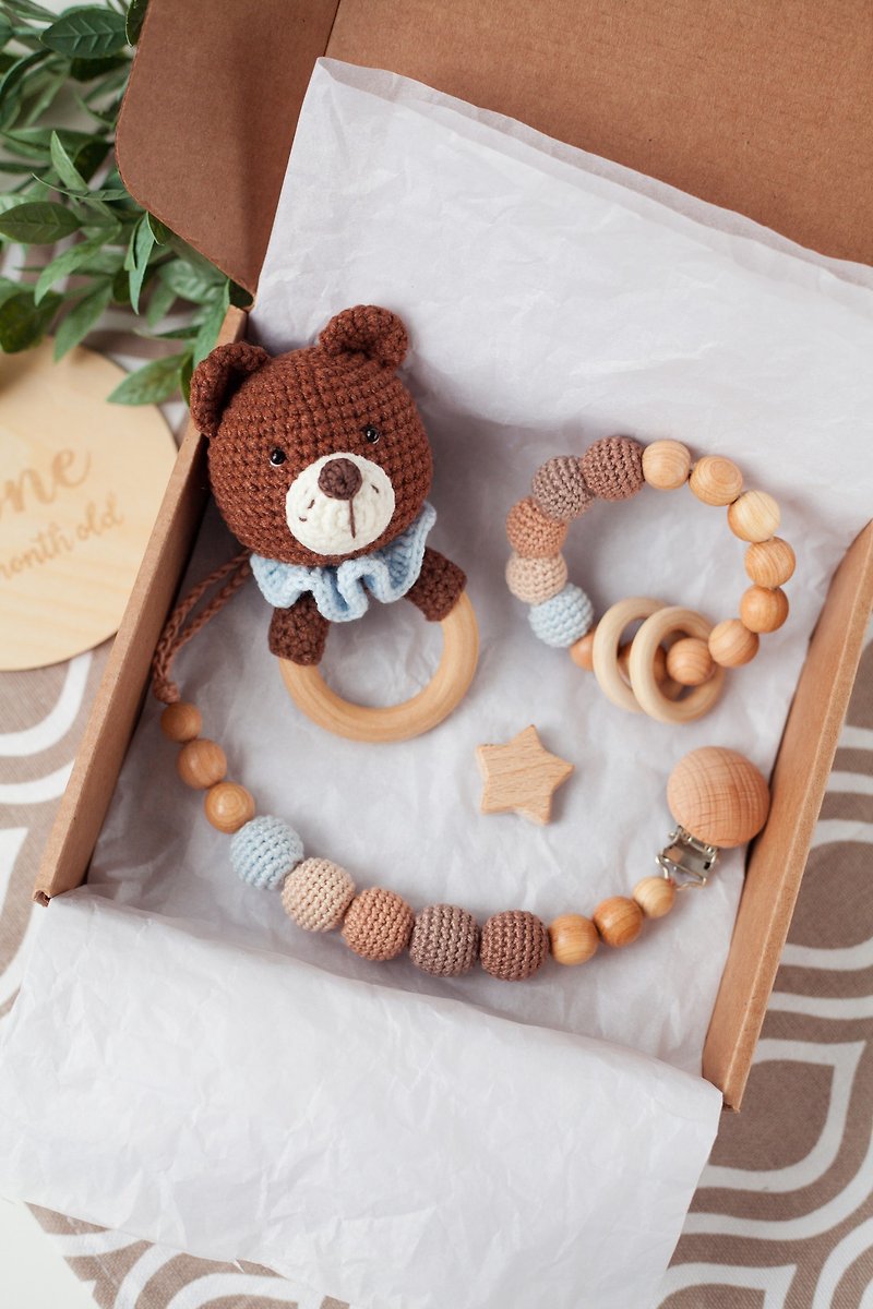 Baby Boy Gift Box: Bear Rattle Toy, Teething Ring, Pacifier Clip Holder - Baby Gift Sets - Wood Brown