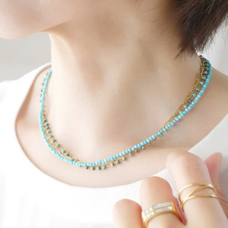 爽やかターコイズと上品ゴールドの3連レイヤードネックレス　金属アレルギー対応　サージカルステンレス　夏アクセサリ - 項鍊 - 其他金屬 藍色