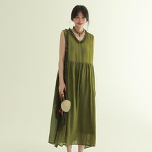 2顔色 花邊V領苧麻洋裝 文藝復古寬鬆休閒長裙 細肩帶連衣長裙
