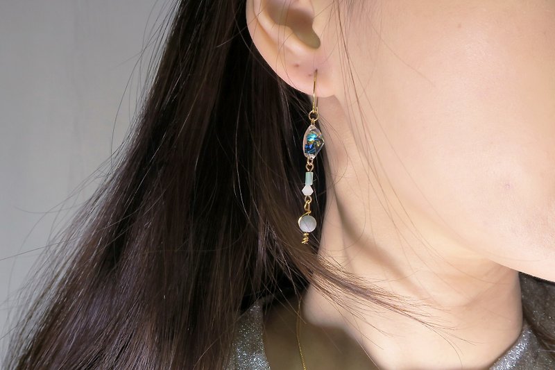 OUD Original-14K gf- Aquamarine Shells-Jade Green Beads-Drop Earring/Clip-on