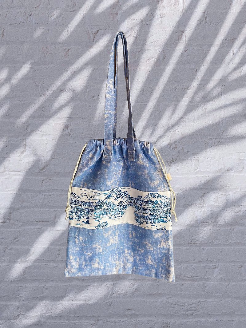 Elsa Tote with Draw string bag Small gift bag Hong Kong Print Design Cotton 852 - Handbags & Totes - Cotton & Hemp Blue