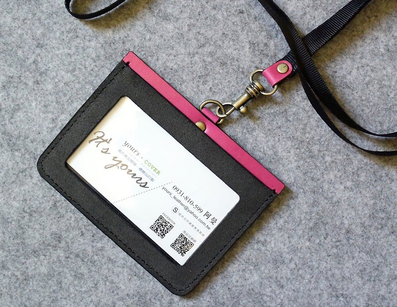 YOURS horizontal document holder gray suede + bright peach leather - ที่ใส่บัตรคล้องคอ - หนังแท้ 