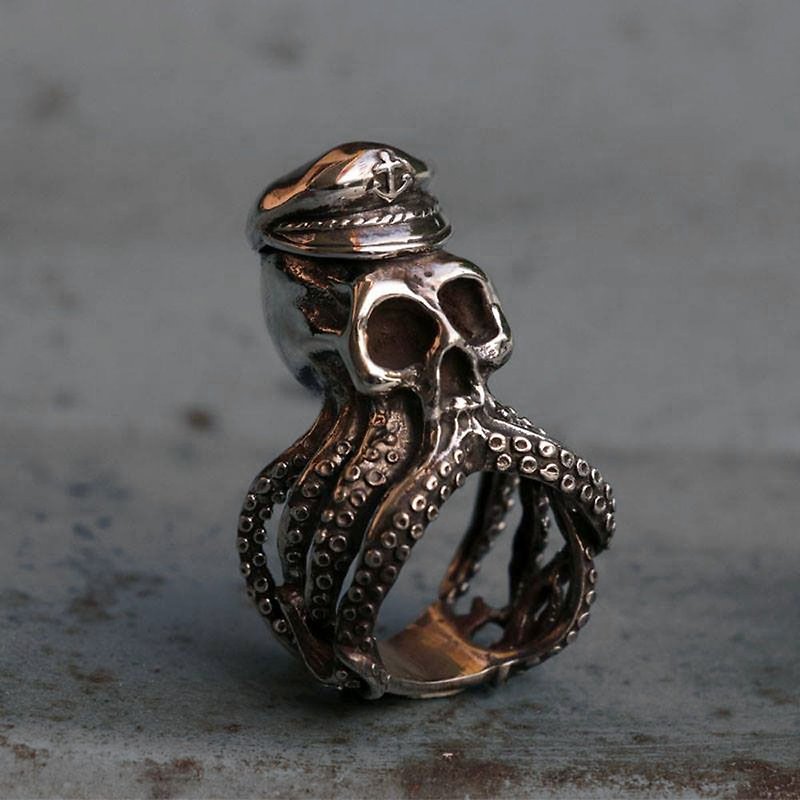 Biker Ring sterling silver skull Captain octopus squid Gothic Punk Sea TENTACLE - General Rings - Other Metals Silver
