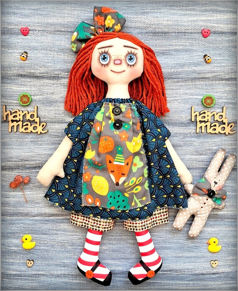 fabric soft doll Primitive Raggedy Doll Alison ,rag doll ,cloth doll ,handmade - 公仔/玩偶 - 棉．麻 藍色
