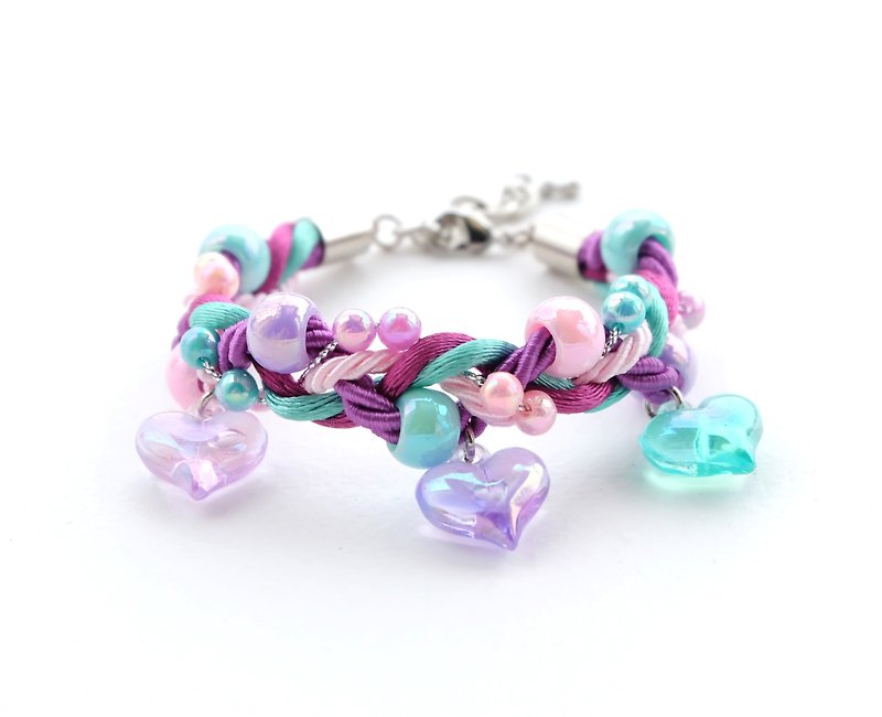 Purple/mint/pink braided bracelet with heart charms - 手鍊/手鐲 - 其他材質 紫色
