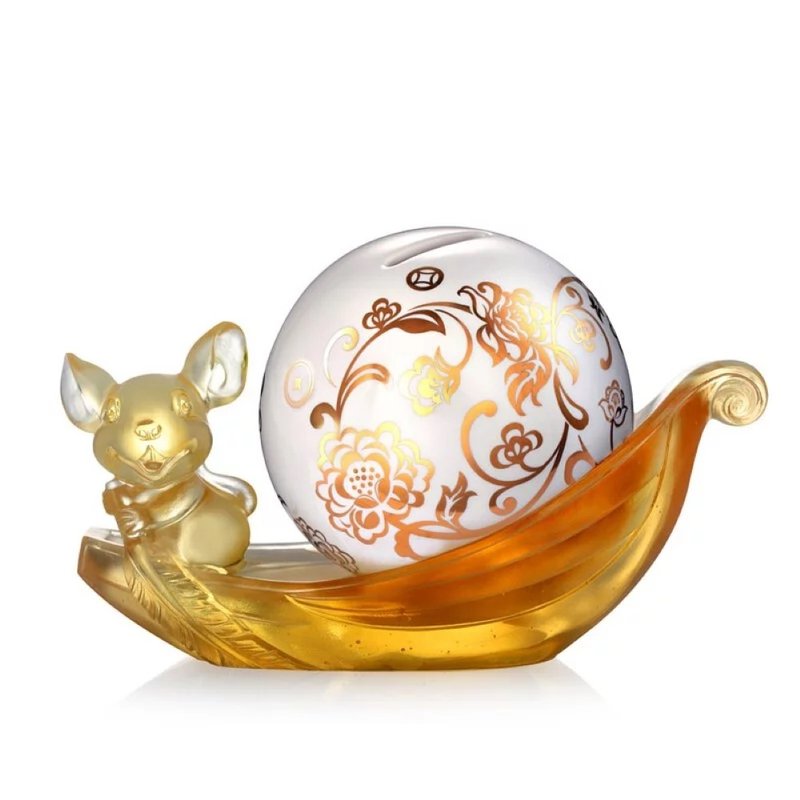 LIULI LIVING A lucky boat full of treasures (golden rat piggy bank, glass works and gold-painted ceramics) - Items for Display - Glass Yellow