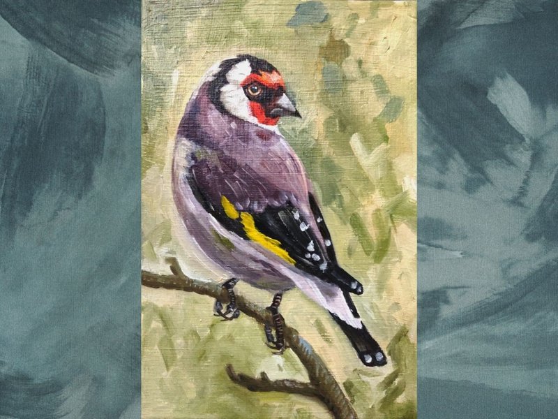 Goldfinch painting artwork original oil art bird portrate - โปสเตอร์ - วัสดุอื่นๆ หลากหลายสี