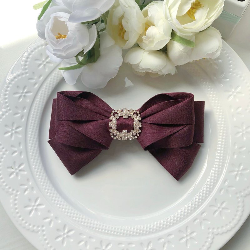 Noble texture bright diamond buckle temperament large bow clip hair clip-dark red - Hair Accessories - Other Materials Red