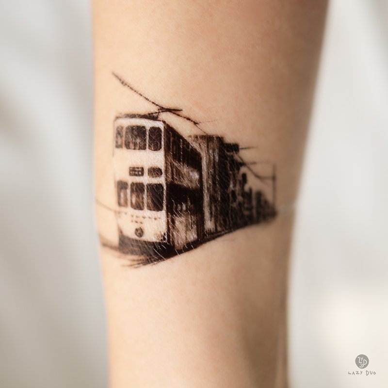 Classic Hong Kong Tram and City Skyline Temporary Tattoo Stickers HK - สติ๊กเกอร์แทททู - กระดาษ สีดำ