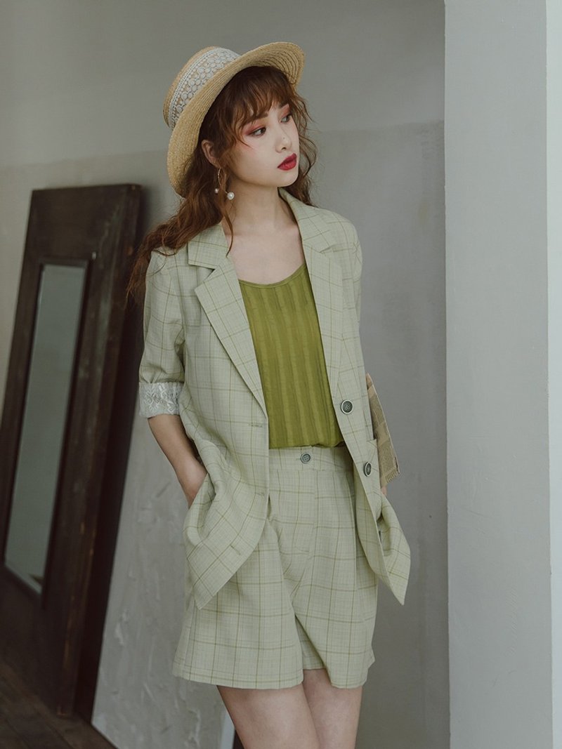 甜美小清新名媛女裝 西裝外套短褲 - 女短褲/五分褲 - 聚酯纖維 綠色