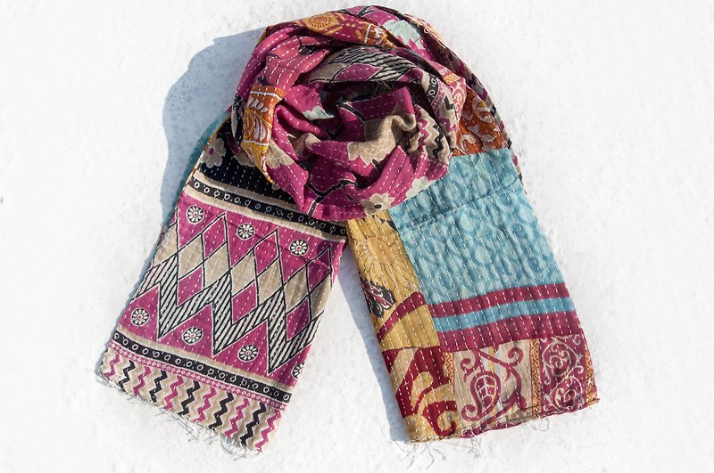 Hand-sewn sari cloth stitching silk scarf/embroidered silk scarf/embroidered scarf/hand-sewn sari thread silk scarf-Egyptian flowers - Knit Scarves & Wraps - Cotton & Hemp Multicolor