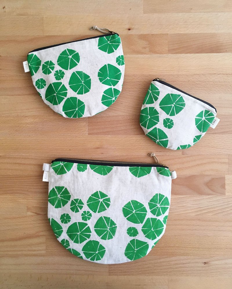 手工絹印 半圓系列 拉鍊包 幾何葉 - 側背包/斜孭袋 - 棉．麻 綠色