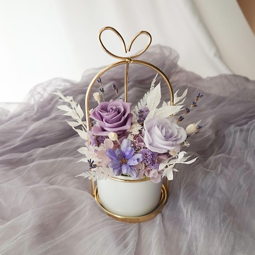午後有花 | 花藝工作室 永生花愛心提把盆花-紫色系