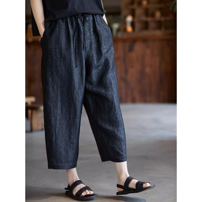 Dark black Xiangyunsha silk elastic waist carrot pants - กางเกงขายาว - ผ้าไหม 