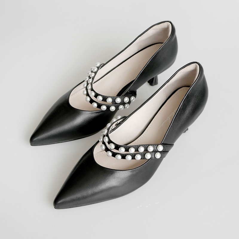 Hepburn small pearl sheepskin heels - Li Hei - รองเท้าส้นสูง - หนังแท้ สีดำ