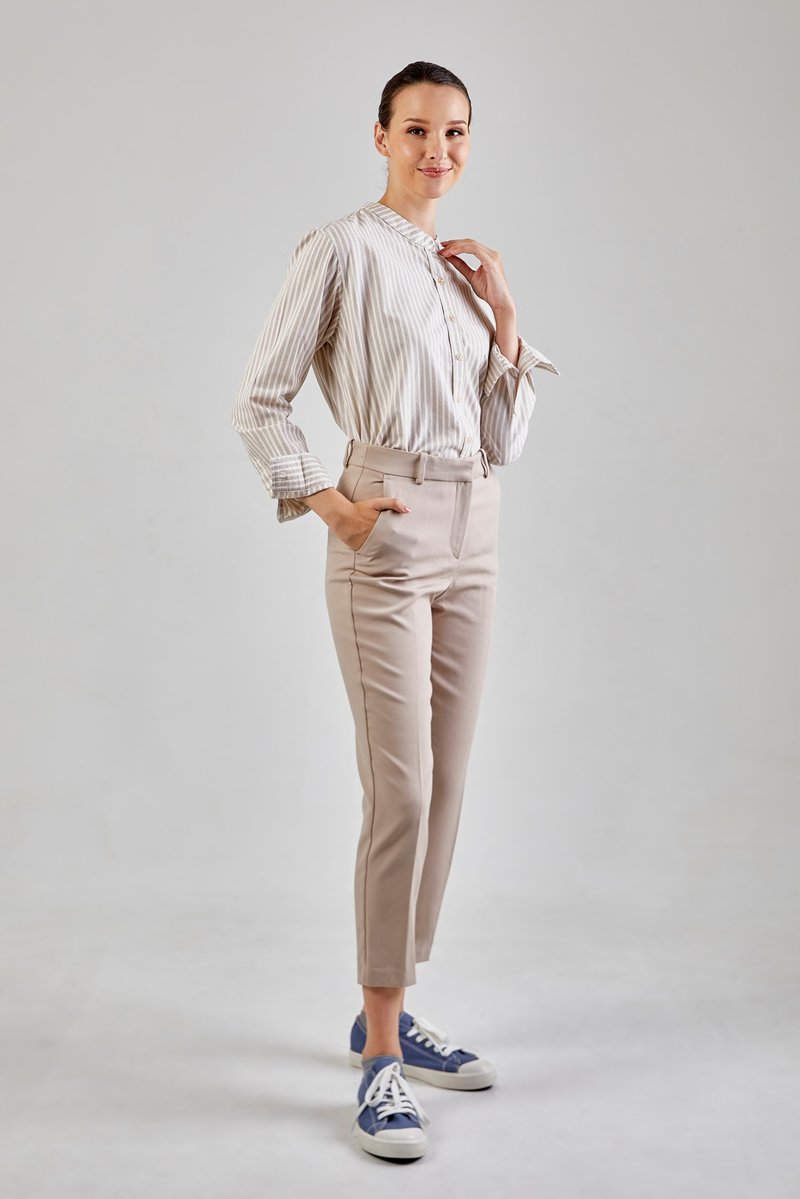 Mandarin stripe Shirt : Long Sleeve (Beige, เบจลายริ้ว) 長袖襯衫 - 男襯衫/休閒襯衫 - 棉．麻 黃色