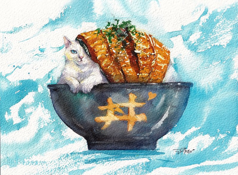 Original watercolor painting【Cat eel donburi】 - Wall Décor - Paper Multicolor