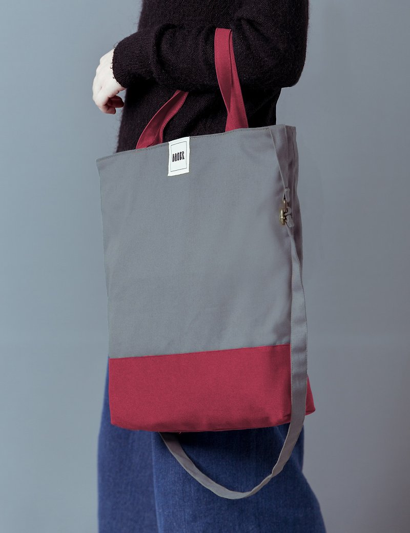 Unprinted color matching adjustable strap three-purpose canvas bag / shoulder / hand-held / cross-body / gray + Peach - กระเป๋าแมสเซนเจอร์ - ผ้าฝ้าย/ผ้าลินิน สีเทา