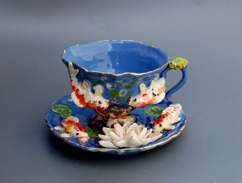 Koi Fish Cup and saucer Beautiful handmade porcelain tea set Blue mug - Teapots & Teacups - Pottery Multicolor