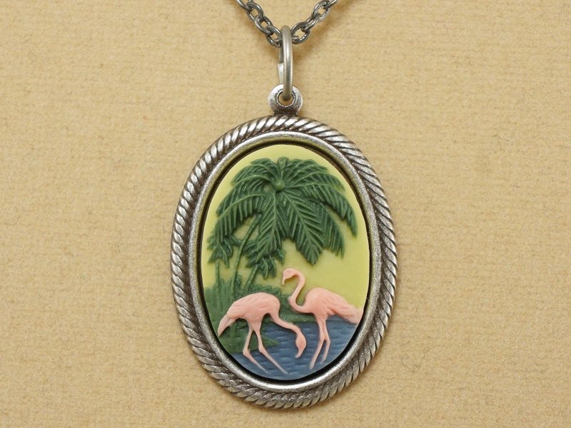 Pink Flamingo Cameo Necklace Tropical Beach Green Palm Pendant Necklace Jewelry - 項鍊 - 其他材質 綠色