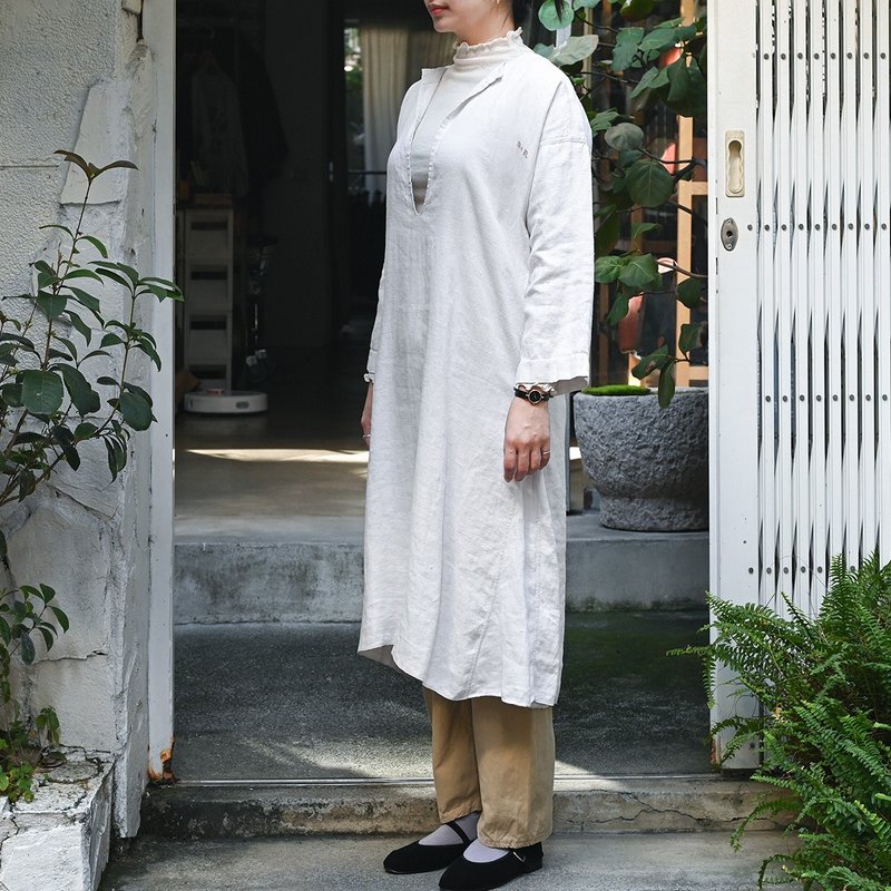 1900-30s 法國古董亞麻洋裝 / 古董洋裝、法國洋裝、亞麻洋裝 - 洋裝/連身裙 - 棉．麻 白色