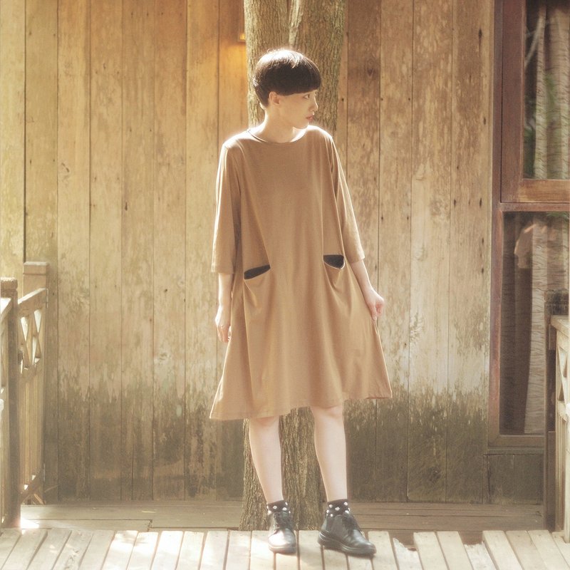 contrast pocket dress : camel - 洋裝/連身裙 - 棉．麻 咖啡色