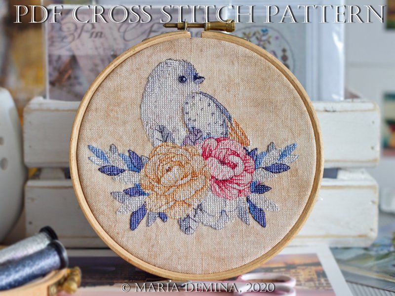 Moonlight Bird and Bouquet II PDF cross stitch pattern 鸟花十字绣 - 手工藝教學/工具書 - 其他材質 