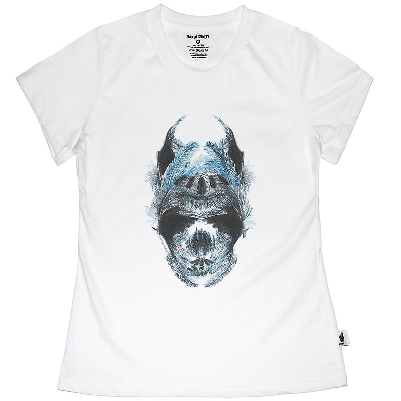 British Fashion Brand -Baker Street- Blue Feather Skull Printed T-shirt - เสื้อยืดผู้หญิง - ผ้าฝ้าย/ผ้าลินิน ขาว