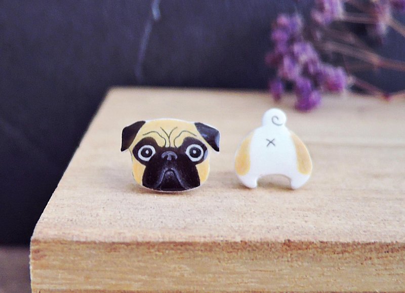 衰衰小巴哥耳環 巴哥犬 抗敏耳針 無痛耳夾 - 耳環/耳夾/耳骨夾 - 樹脂 咖啡色