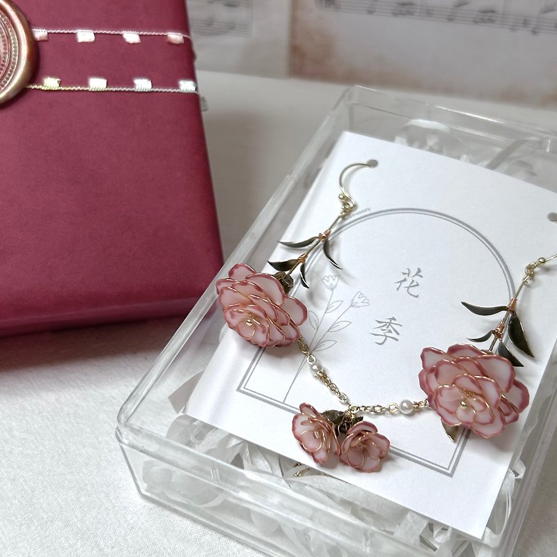 [Carnation-Crystal Flower Earrings & Bracelet Set] Crystal Flower Resin Jewelry Gift Box - Earrings & Clip-ons - Resin 