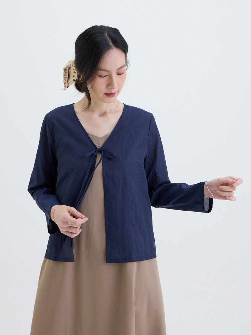 皺光日和長袖罩衫-藏青 - 女上衣/長袖上衣 - 棉．麻 藍色