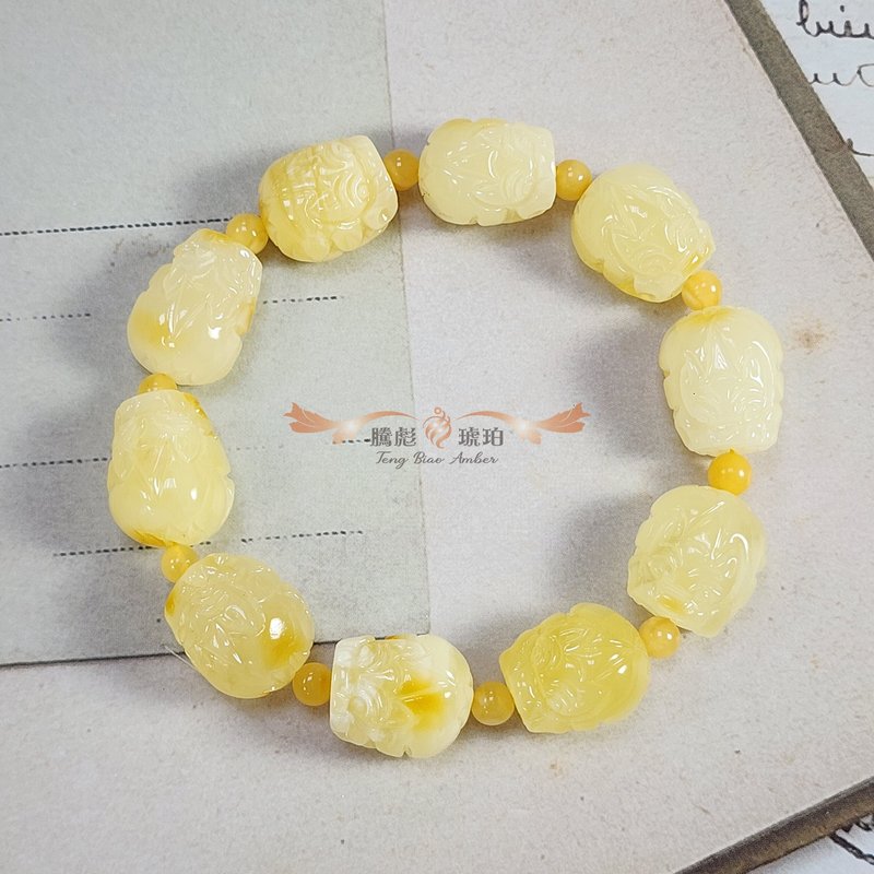 騰彪琥珀 天然琥珀蜜蠟 牛奶焦皮料 飄花蜜蠟 招財貔貅 精品手鍊 - 手鍊/手環 - 半寶石 白色