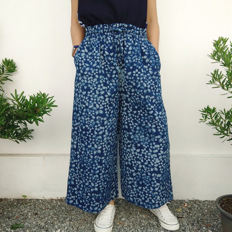Batik Indigo Wide Leg Pants - 男長褲/休閒褲 - 棉．麻 藍色