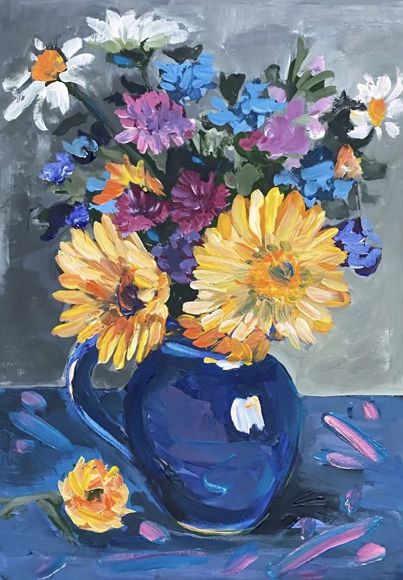 Wild flowers in a blue vase, Original gouache painting on paper, Fauvism,Matisse