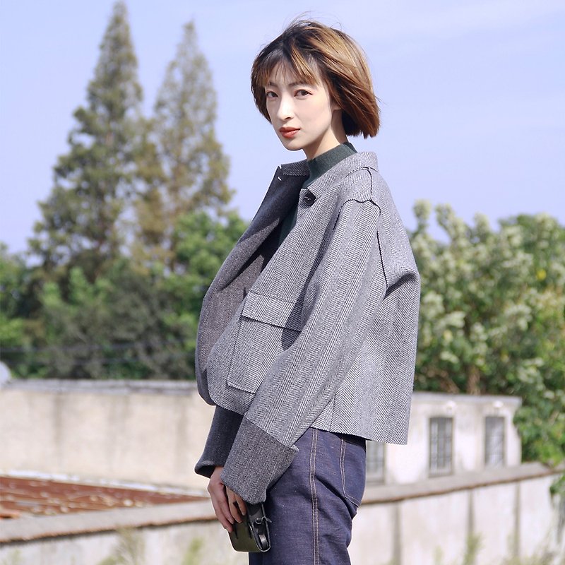 Wool Knitted Short Jacket Top | Autumn Winter | Wool Knitted Wool | Independent Brand | Sora-201 - เสื้อแจ็คเก็ต - ขนแกะ สีเทา