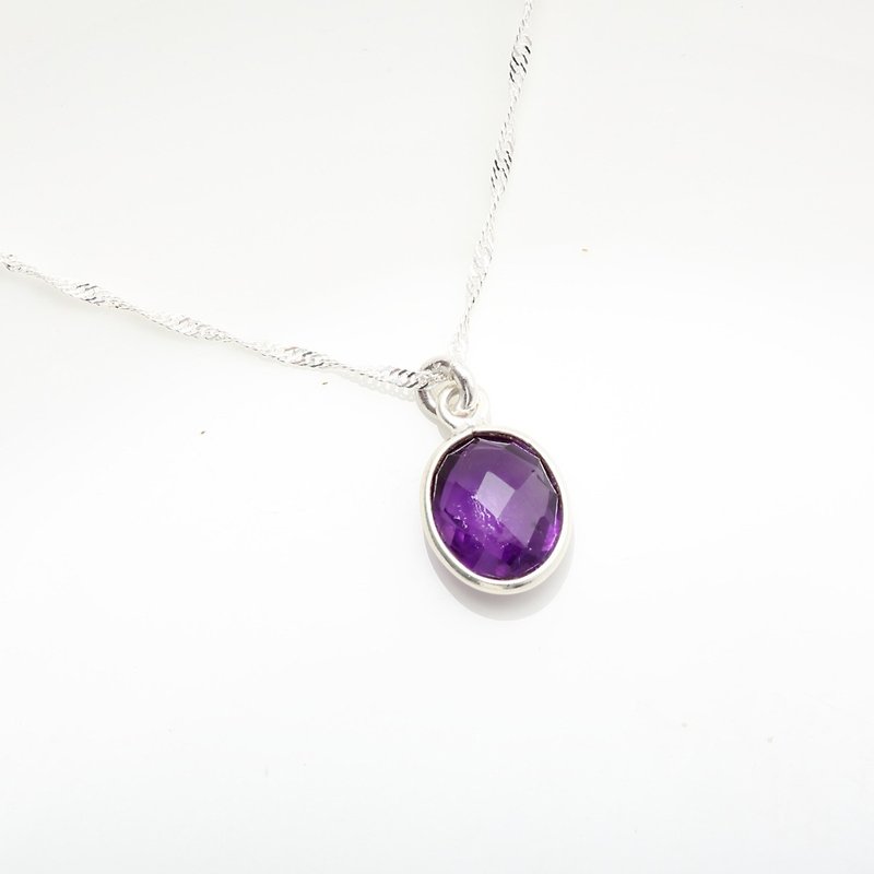 橢圓 天然紫水晶 Amethyst s925 純銀 項鍊 生日 週年 情人節 - 鎖骨鍊 - 水晶 紫色