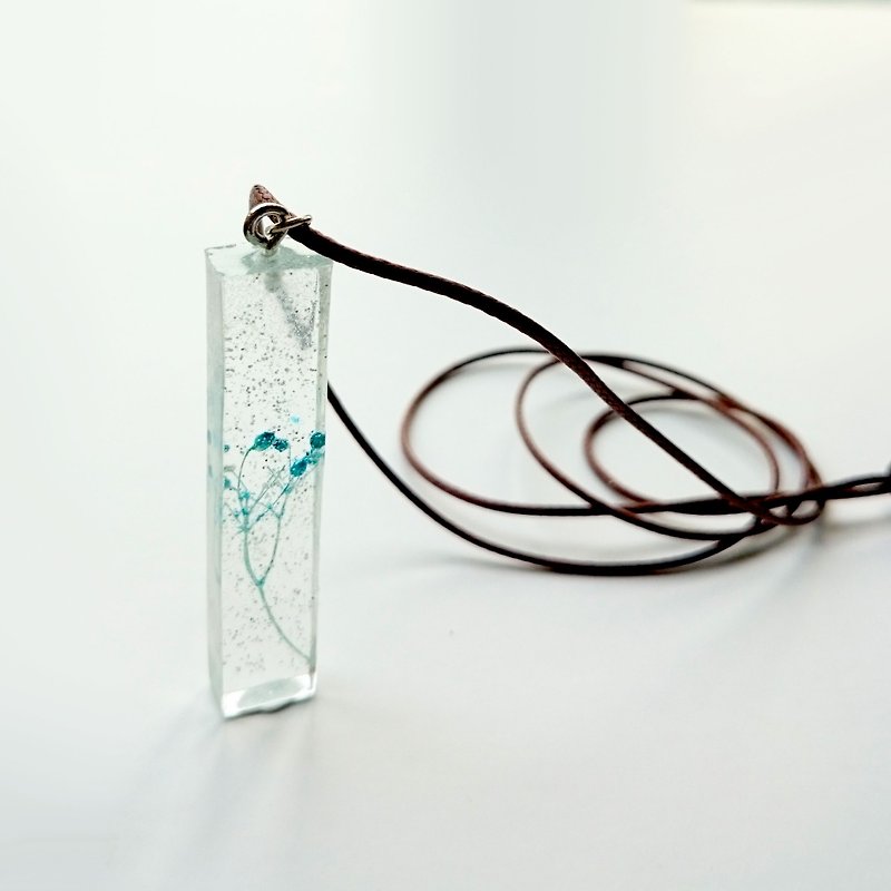 Mirror rectangular cylinder Epoxy Necklace - silver glitter stars blue bird - Necklaces - Plastic Blue