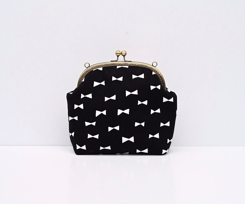 Bowknot gold bag/side backpack - กระเป๋าแมสเซนเจอร์ - ผ้าฝ้าย/ผ้าลินิน สีดำ