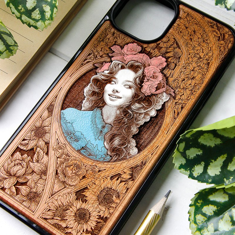 Flower Girl -  Phone case wood laser engraved + hand painting - 手機殼/手機套 - 木頭 咖啡色
