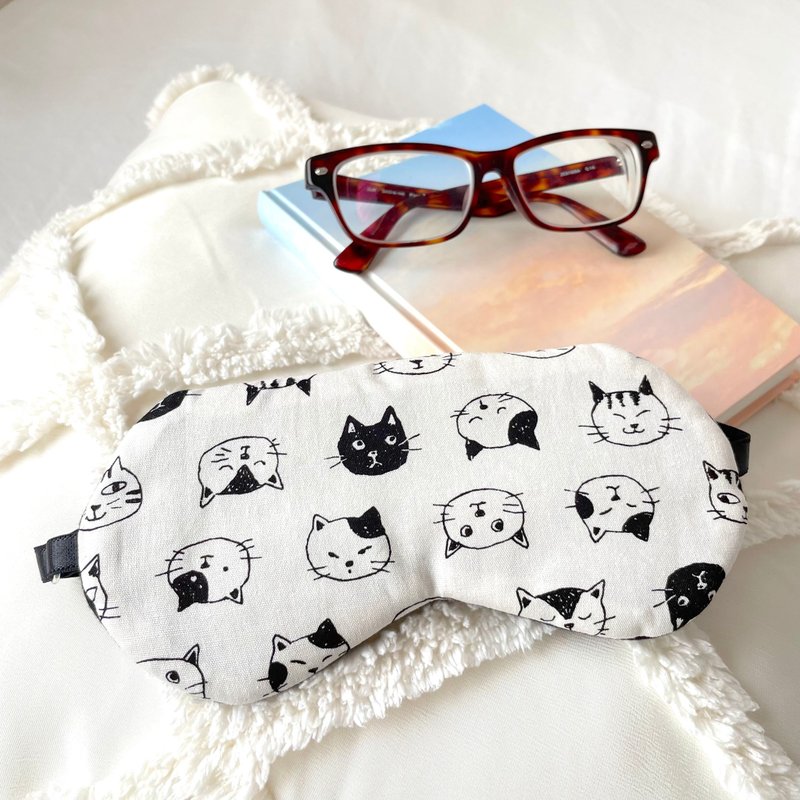 BLACK & WHITE CAT  | blind fold sleep mask | storage pouch - ผ้าปิดตา - ผ้าฝ้าย/ผ้าลินิน ขาว