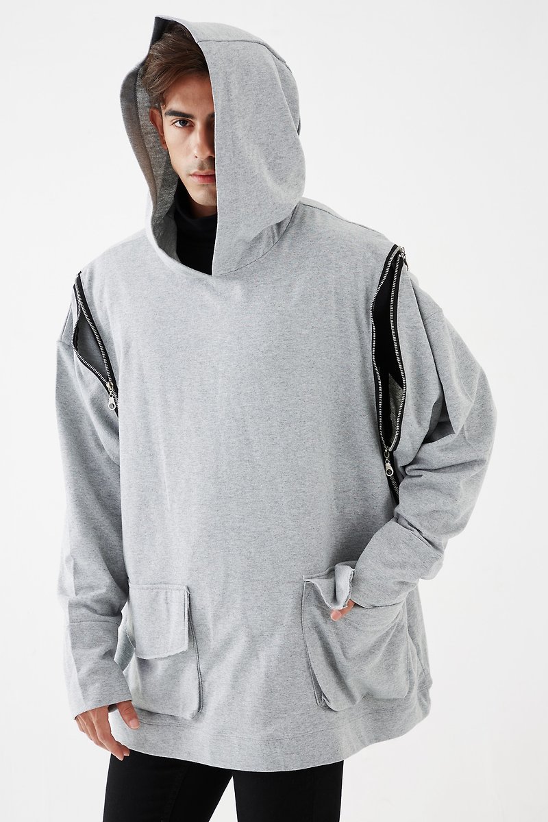 Men's Oversized Hoodie Zipper Detail Sweater in Heather Gray - 男裝 毛衣/針織衫 - 其他材質 灰色
