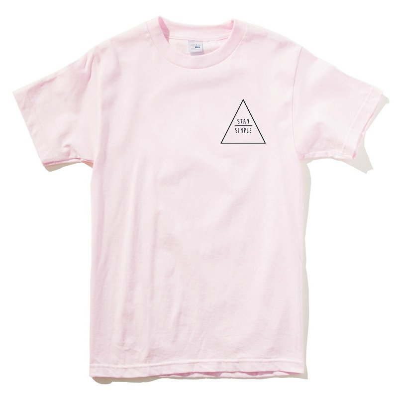 左胸STAYSIMPLEトライアングル半袖Tシャツライトピンクシンプルなトライアングルジオメトリー - Tシャツ - コットン・麻 ピンク