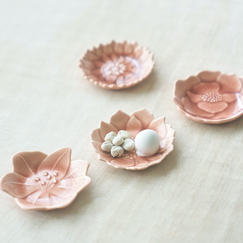 Seto ware Sango-colored bean plate set of 4 | Small plate | Flower lover plate | Button | Anemone | Amaryllis | Dahlia