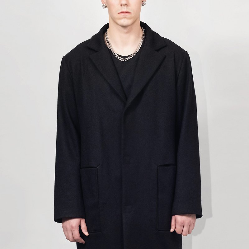SEANNUNG 毛料寬鬆長版西裝大衣 - 外套/大衣 - 羊毛 黑色
