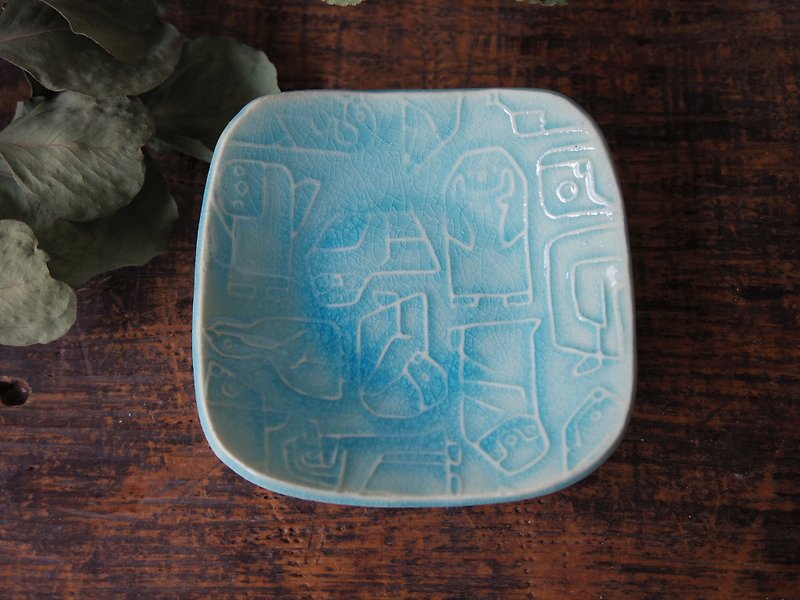 Turkish blue square tiny plate with relief penguins - Plates & Trays - Pottery Blue