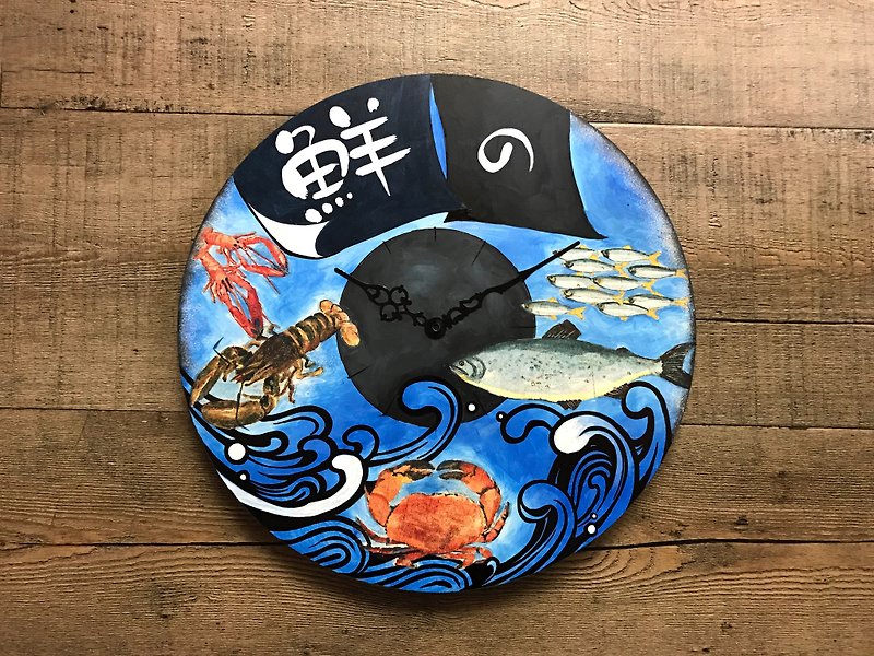 POPO │ sea │ hand-painted collage │ manual clock - นาฬิกา - ไม้ สีน้ำเงิน