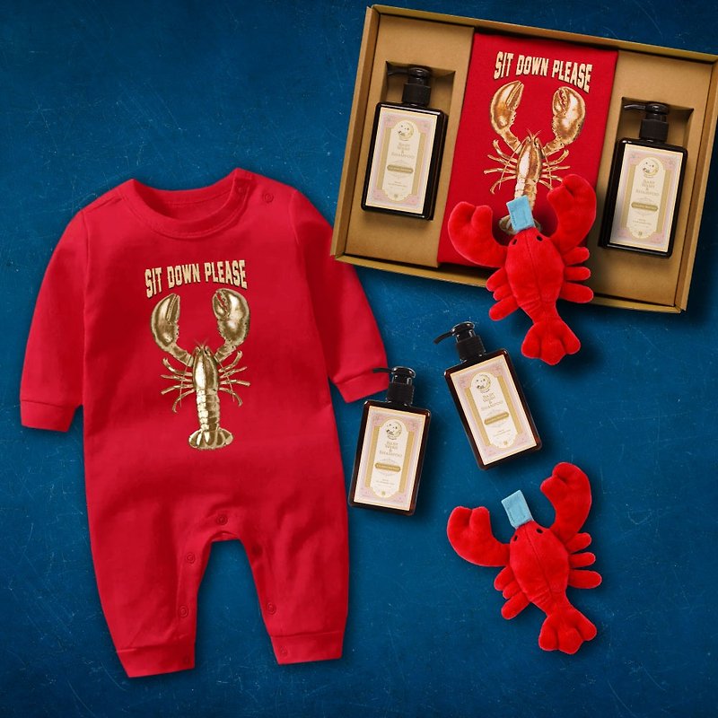Baby Gift Set: Golden Lobster long sleeves jumpsuit Set Red 4 items - ชุดทั้งตัว - ผ้าฝ้าย/ผ้าลินิน สีแดง